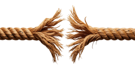 Fraying rope breaking under stress and tension. Isolated on transparent background, png