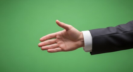 Man reaching hand for handshake isolated on green screen background. Business agreement and partnership concept for chromakey effect.