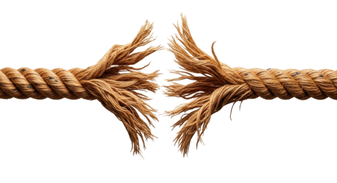 Fraying rope breaking under stress and tension. Isolated on transparent background, png