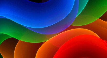 An abstract composition of overlapping wavy shapes in vibrant shades of blue, green, orange, and red. The design features a neon-like glow effect, creating a dynamic and energetic visual.