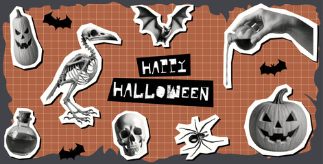 happy halloween collage concept set with carved pumpkin skull spider bat skeletal bird eerie hand holding potion bottle halftone dotted cut-out collage elements grunge seasonal party design