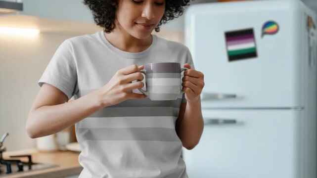 Smiling woman with curly hair holds striped mug in kitchen LGBTQ+ flag magnets are on fridge