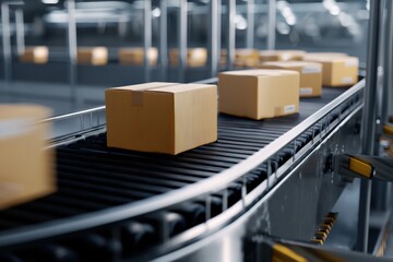 Naklejka premium Cardboard parcels moving along a dark conveyor belt in a modern logistics sorting facility, representing shipping and distribution