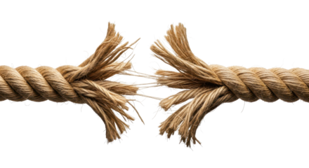 Fraying rope breaking under stress and tension. Isolated on transparent background, png
