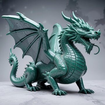 Beautiful Green Jade Dragon Gemstone Carved Stone Statue Sculpture On A Marble Background 