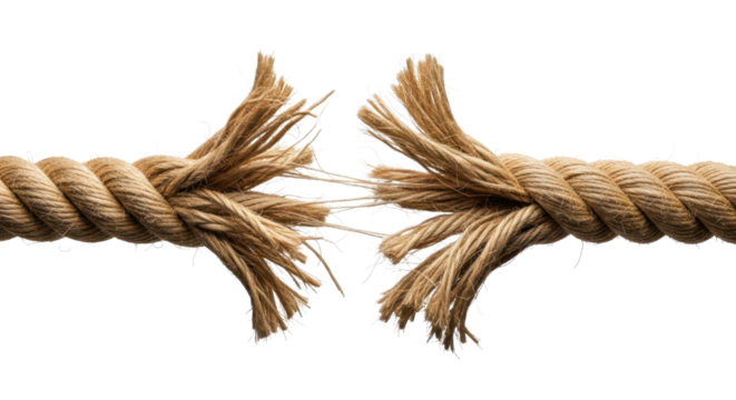 Fraying rope breaking under stress and tension. Isolated on transparent background, png