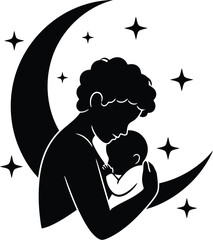 Restorative Sleep Silhouette of Parent and Baby with Crescent Moon

