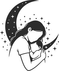 Restorative Sleep Silhouette of Parent and Baby with Crescent Moon

