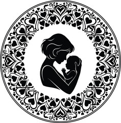 Parent and Baby Embrace Silhouette with Connecting Heart

