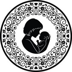 Parent and Baby Embrace Silhouette with Connecting Heart


