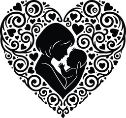 Parent and Baby Embrace Silhouette with Connecting Heart

