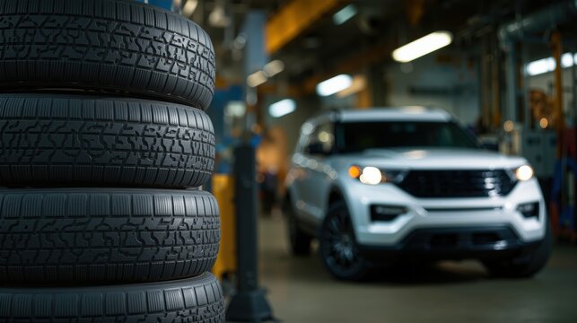 New tires stacked showcasing automotive repair and maintenance service in a modern garage environment with a vehicle - Powered by Adobe