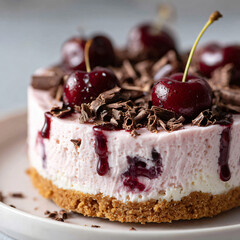 No-Bake Cherry Cheesecake with Chocolate Shavings on White Background