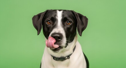 Black and white dog with tongue out on green screen background. Hungry animal with funny expression. Chromakey effect for video.