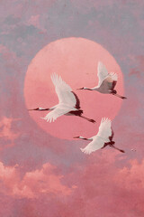 Graceful Cranes at Pastel Sunset: Tranquil Flight Against Moon and Clouds on White Background