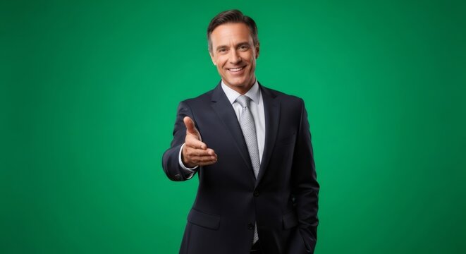 Man in suit extends hand for handshake effect for chromakey isolated on green screen background. Professional greeting gesture.