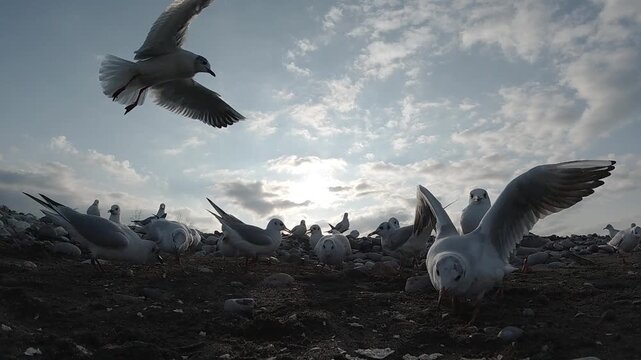 Super slow motion 240fps close up of seagulls feeding and taking flight. The dramatic wing movement and low-angle perspective highlight the intensity and beauty of the birds in motion against the sky.