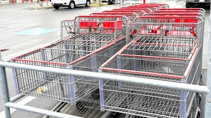 Shopping Carts in a Row Ready for Customer Use at Retail Store