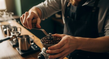 Male barista grinding fresh coffee beans with hand grinder, cinematic natural light, lifestyle photography for artisan coffee branding and cafe marketing