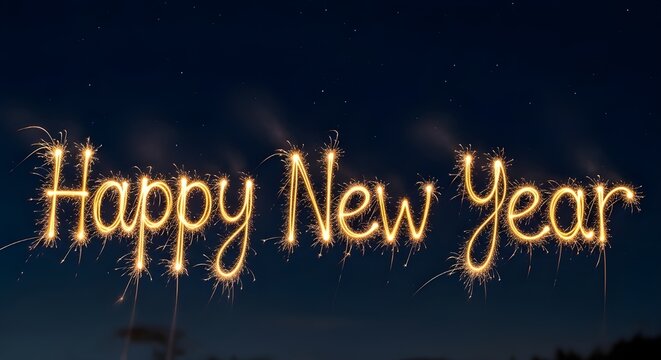 "Happy New Year" Text Written with Bright Sparkler Firework Lights in the Dark Night Sky