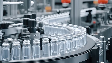 Clear glass vials traveling along an automated conveyor belt for vaccine or medicine manufacturing in a modern pharmaceutical factory