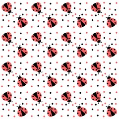 Ladybug seamless pattern on white. Seamless pattern of beetle or ladybug or ladybird. Ladybug repeat pattern