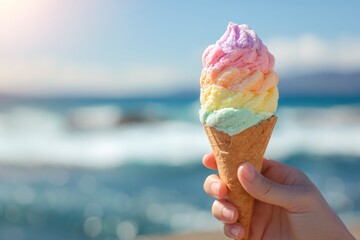 A hand gracefully holds a vibrantly layered, pastel-colored ice cream cone against a beautifully blurred background of a sunny beach and sparkling ocean waves. This delightful scene evokes feelings of