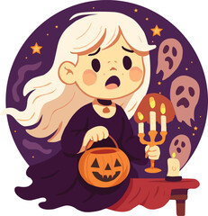 Halloween Horror Cartoon Girl with White Hair Ghosts Jack O Lantern Bucket Dark Purple Background