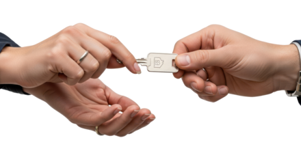 Hand giving house key to another hand, real estate and property concept, isolated on transparent background