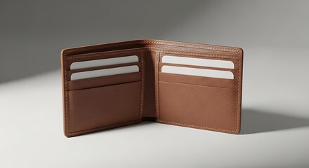 An open brown leather wallet with multiple card slots and compartments for cash on a light gray surface