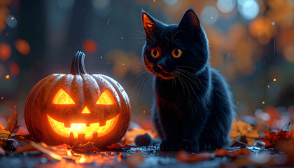 Spooky Halloween Night with Black Cat and Glowing Jack-o-Lantern.