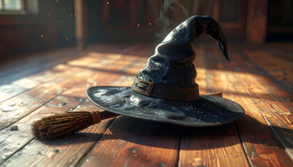 Mystical Witch Hat and Broomstick on Wooden Floor with Sunbeams.
