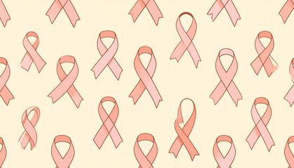 Hand drawn pink breast cancer awareness ribbon pattern illustration.