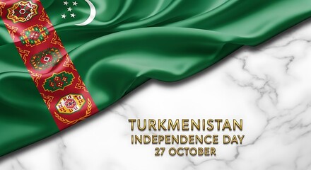 Turkmenistan Independence Day: Flag Drape on Marble, Celebration Concept.