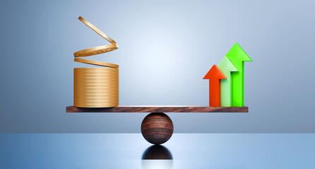 Color Arrow Symbol And Gold Coins On A Wood Balance Scale
