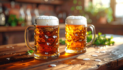 Two frosty mugs of golden beer with foamy heads on a rustic wooden bar.