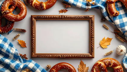 Oktoberfest Celebration with Pretzels, Plaid Fabric, and Autumn Leaves Framing a Blank Space.