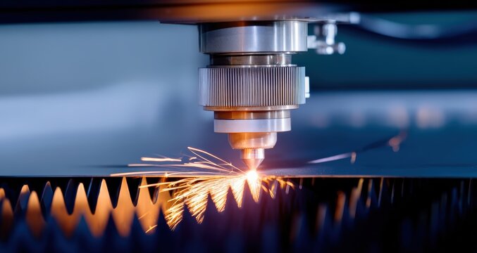 Laser cutting head processing a metal sheet with bright sparks flying, representing high tech manufacturing and industrial precision