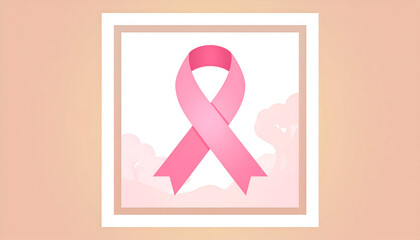 Pink Ribbon Illustration - Breast Cancer Awareness Symbol in Square Frame.