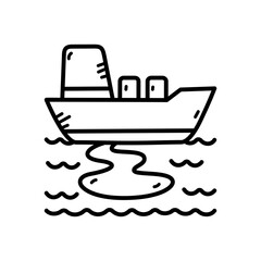 Simple Line Drawing of a Black and White Cargo Ship Floating on Wavy Water Against a Transparent Background Representing Maritime Transportation and Logistics