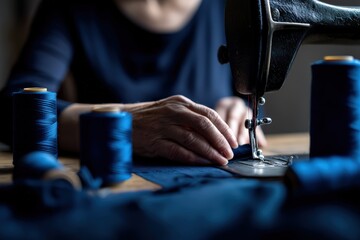 Hands guiding blue fabric through a vintage sewing machine, close up of tailored stitching and skilled handmade clothing creation