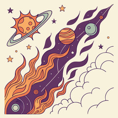 Whimsical cosmic journey with planets stars and fiery trails illustrating a rocket s ascent through space