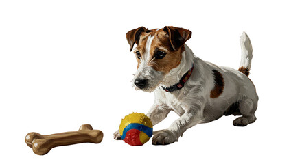Isolated Realistic Jack Russell Terrier Dog Plays with Ball and Bone