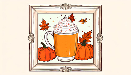 Autumn Pumpkin Spice Latte with Whipped Cream and Pumpkins in a Frame.