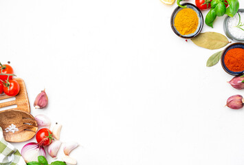 Food and cooking with spices background, Indian kitchen, white copy space, top view