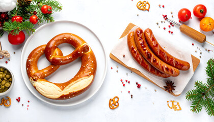 Delicious German Christmas Feast with Pretzels and Sausages.