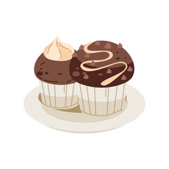 Two Pixelated Chocolate Cupcakes with Beige Frosting on a Beige Plate Isolated with Transparent Background