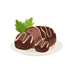 Chocolate Dessert Display with Mint Garnish on Plate Isolated on Transparent Background