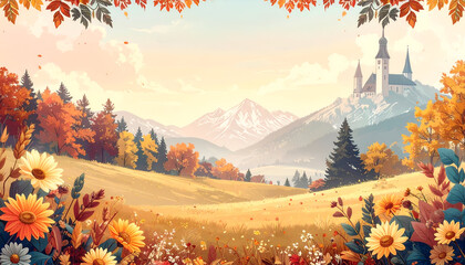 Idyllic autumn landscape with a distant fairytale castle.