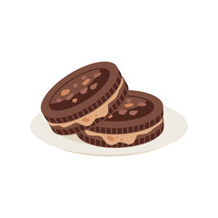 Two Chocolate Sandwich Cookies on White Plate Illustration in Transparent Background